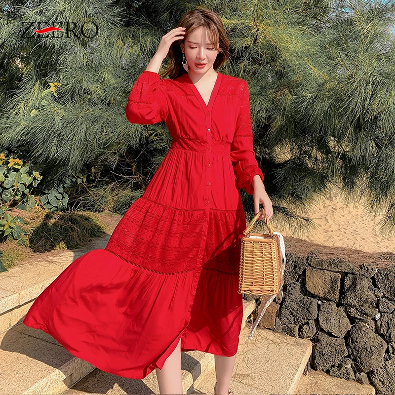 2020 весеннее женское красное кружевное платье с длинным рукавом элегантное