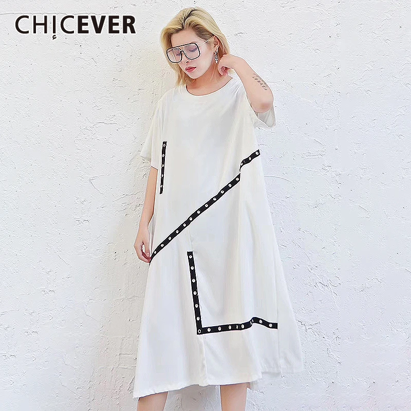 

CHICEVER Irrgualr Hollow Out Women Dress O Neeck Short Sleeve High Waist Hit Color Dresses For Female Clothing Fashion 2020 Tide