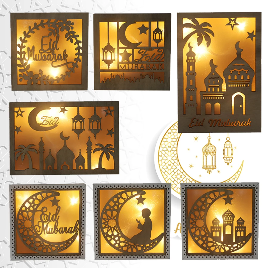 

EID Mubarak Moon Warm LED Lights Wood Ornaments Lamps Kareem Ramadan Decorations Islamic Muslim Craft Frame Party Supplies