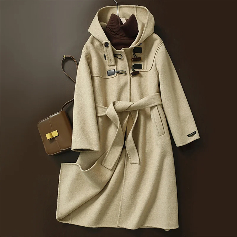 

New product hand-stitched 100% woolen coat women autumn winter 2021 woolen horn button coat women's mid-length wool coat K1146