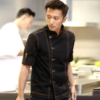 men denim cotton shortfull sleeve chef tops uniform with apron set oil proof food service kitchen restaurant cook work wear