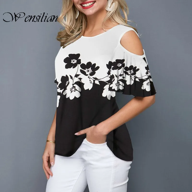 Женская футболка с коротким рукавом и цветочным принтом свободного покроя |