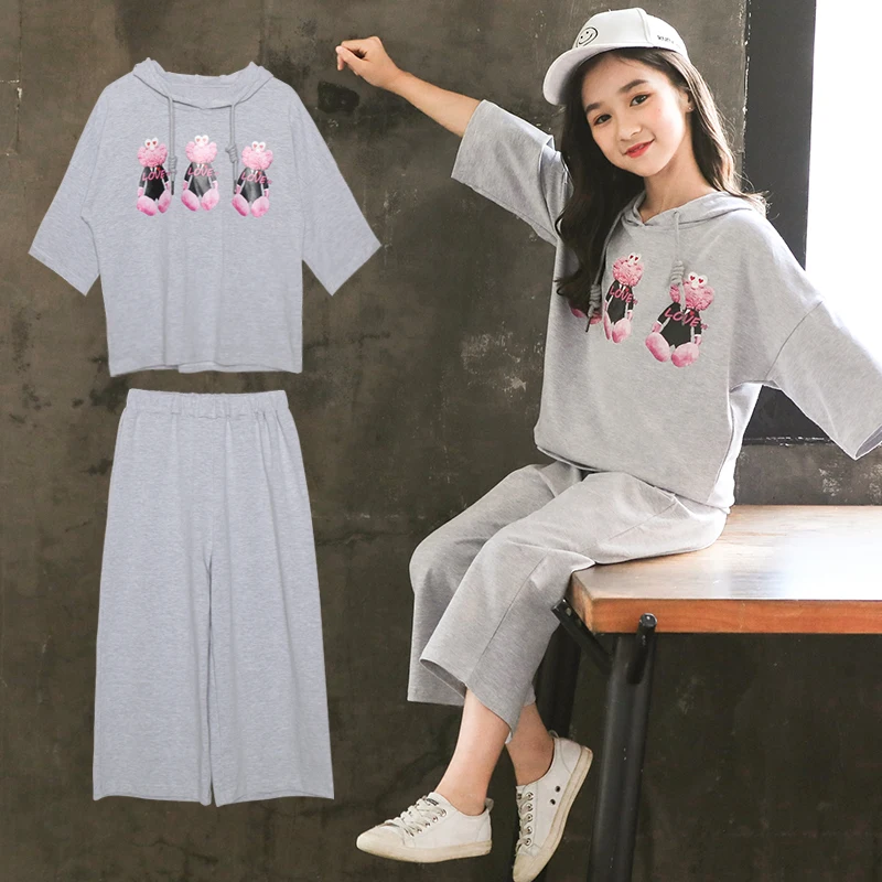 Осенний костюм с капюшоном широкие штаны для девочек 2019 корейские повседневные