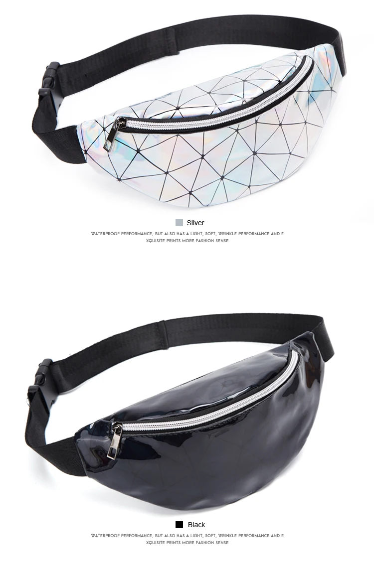 RIAYOOE Fashion women belt bag Geometric black banana bag gold Silver Sequin waist bag Laser Phone Pouch