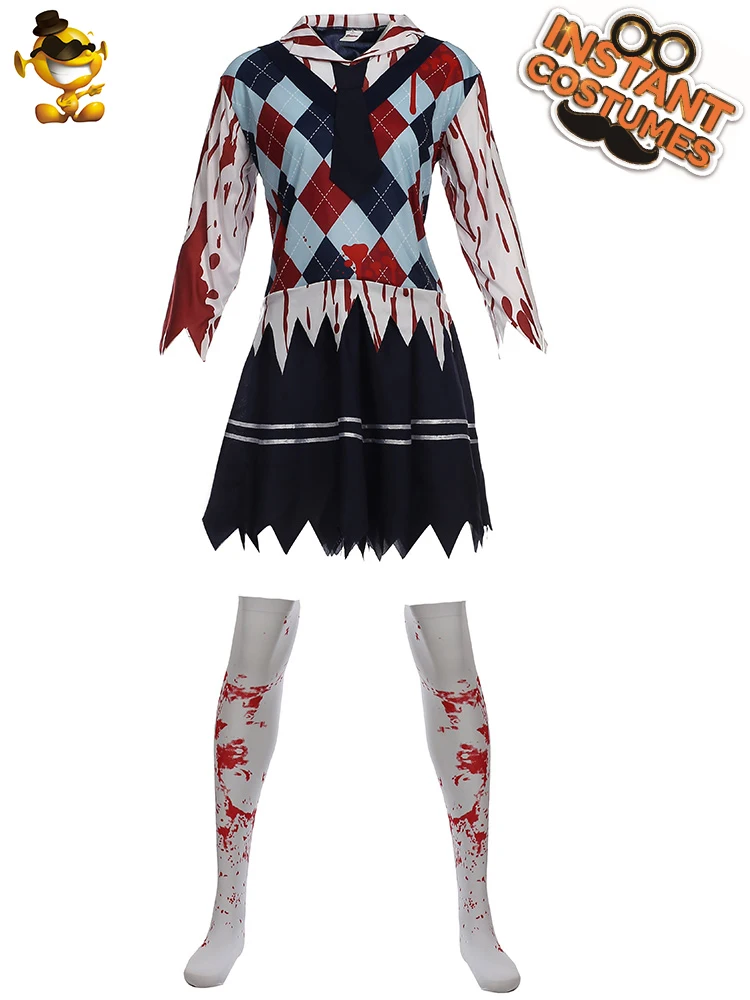 

DSPLAY Women's High School Horror Zombie Girl Costume Adult Zombie Girls Halloween Scary Ghost Student Uniform Fancy Dress
