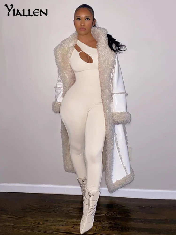 

Yiallen Solid Twill Collar Women's Jumpsuit Unique Cut Out Long Sleeve Sexy Cleavage Zipper Body-Shaping Streetwear Rompers Hot