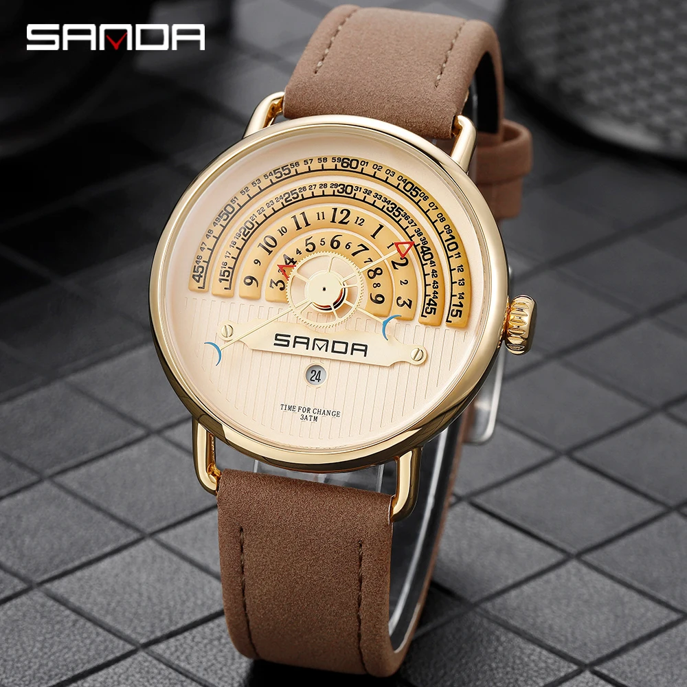 New Personality Trend Dial Mens Watches SANDA Top Brand Leather Waterproof Sport Date Quartz Watch For Men Relogio Masculino