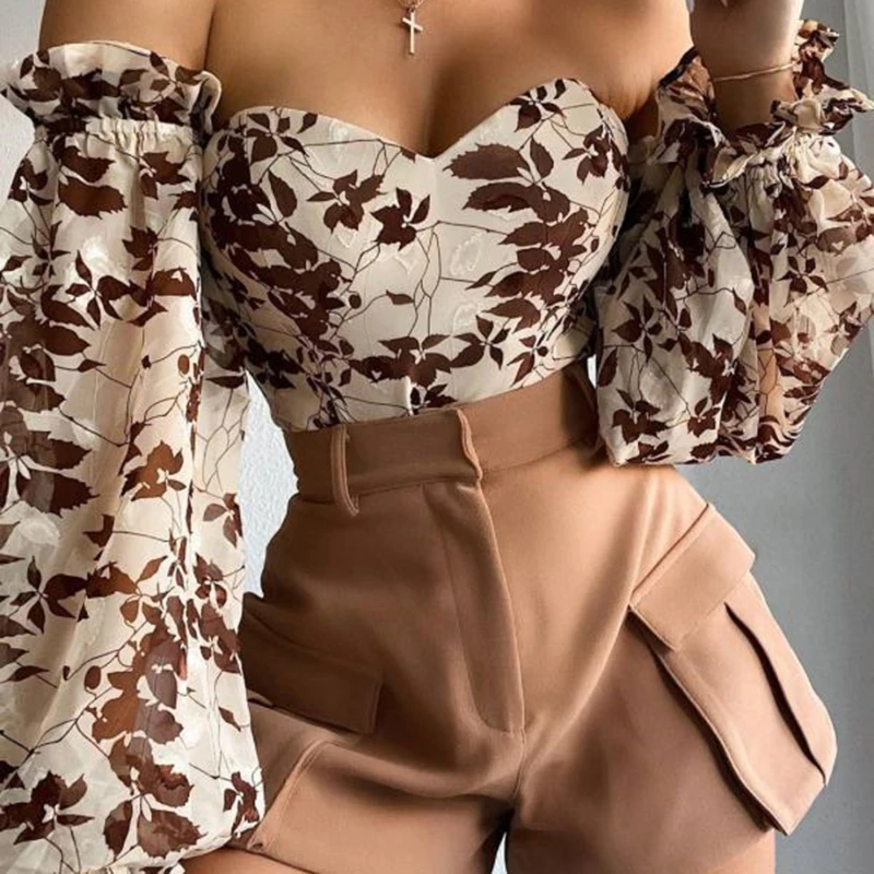

Women Sexy Off Shoulder Ruffles Summer Crop Top Long Sleeve Ladies 2021 Korean Style Fashion Leaf Printed Holiday Beach Shirt