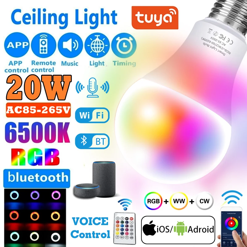 Bombilla LED inteligente RGB + CC + CW, 85-220V, lámpara nocturna, foco...