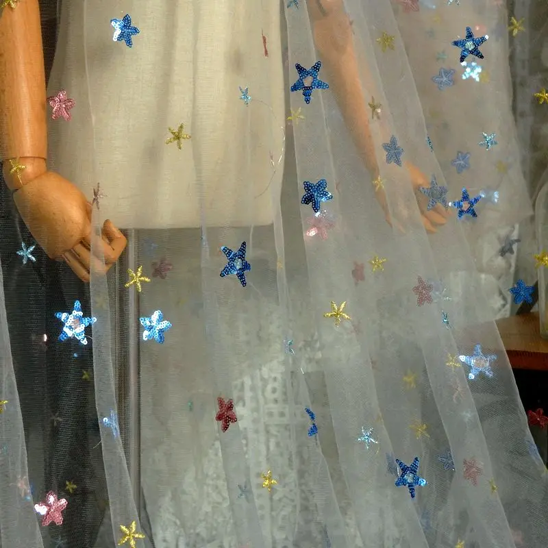 2 метра черно-белая сетчатая кружевная ткань со звездами и блестками одежда из