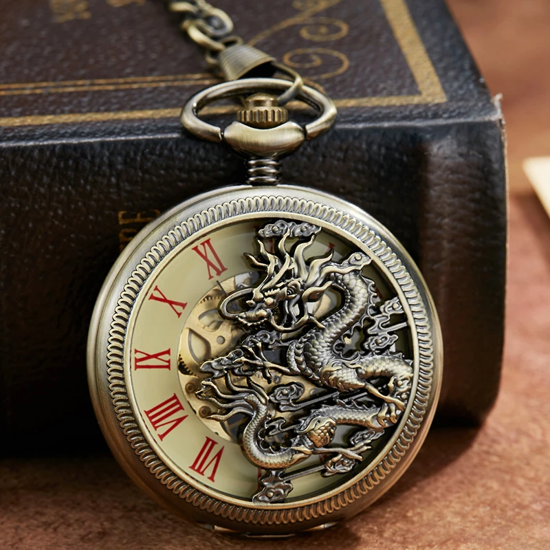 Vintage Dragon Mechanical Pocket Watch Skeleton Laser Engraved Case Bronze Fob Chain Clock for Men Women Collection Dropshipping
