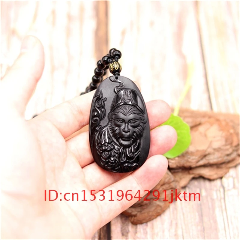 

Necklace Amulet Charm Obsidian Beads Natural Black Pendant Natural Jewelry Gifts Fashion for Monkey King Women Jade Chinese