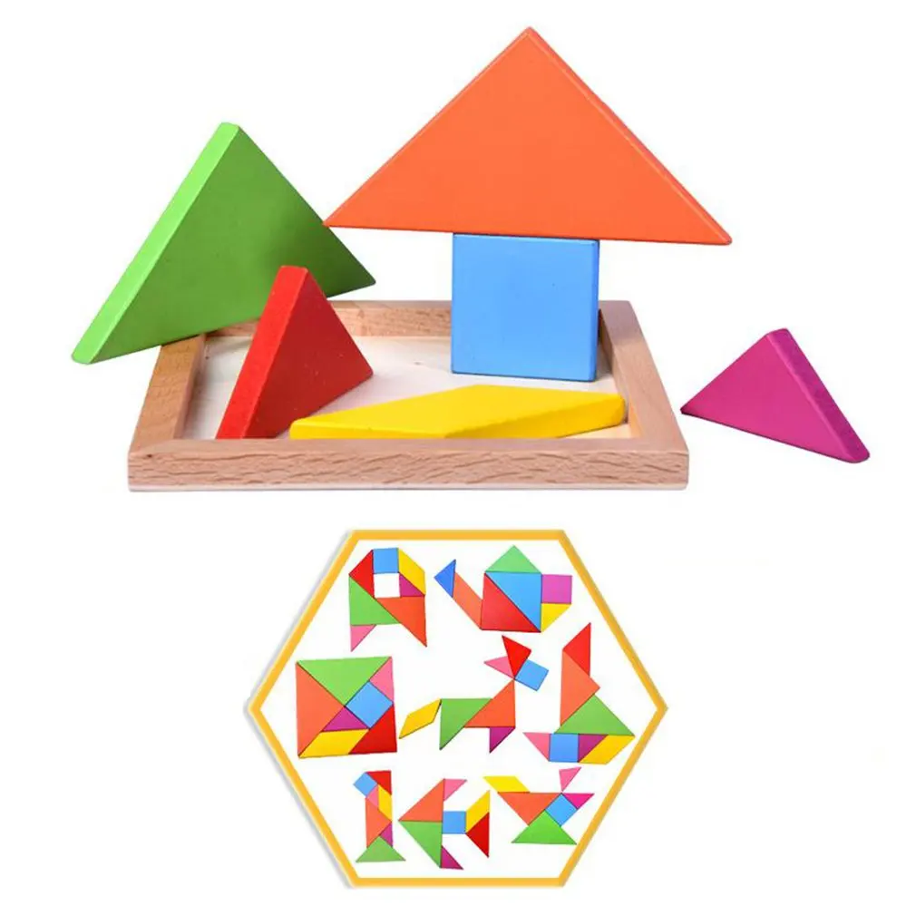 Деревянные Tangram 7 шт головоломки Красочные квадратные IQ Игры Головоломка