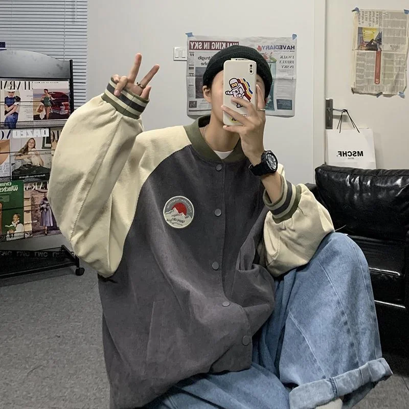 

Бейсбольная униформа для мужчин, свободная брендовая повседневная куртка контрастных цветов в стиле ретро, модное пальто в Корейском стиле...