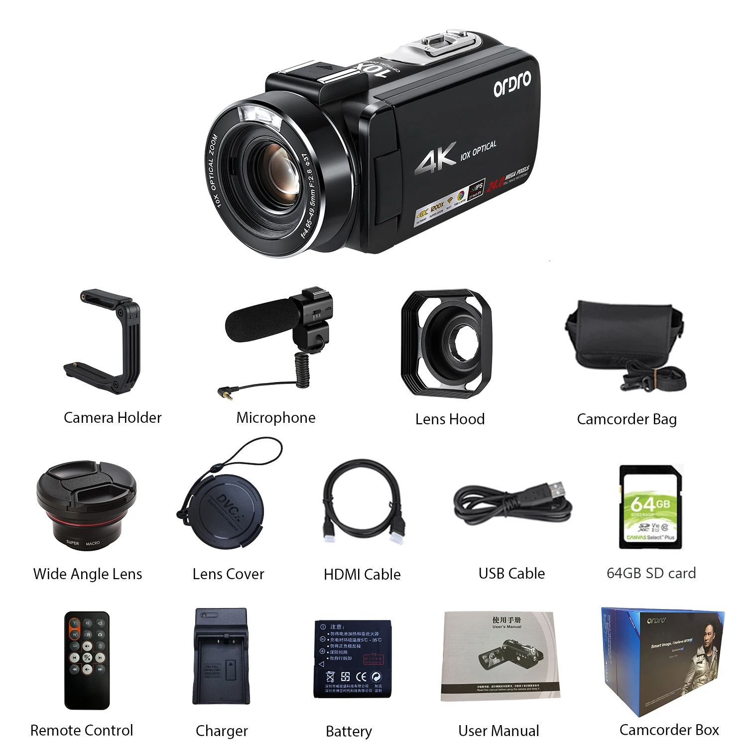 

Camcorder Vlog Video Camera 4K Ordro AC7 10X Optical Zoom YouTube Vlogger Cameras for Blogger Filming