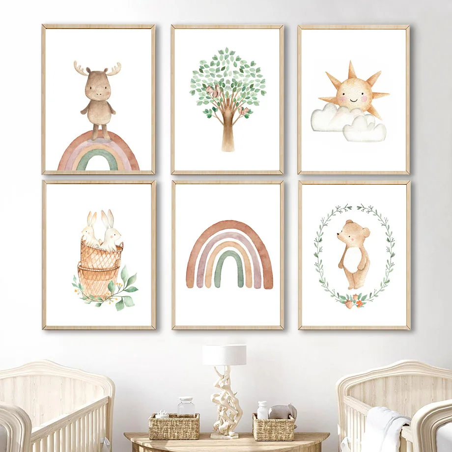 Медведь кролик олень радуга солнце дерево Детская стена искусство холст