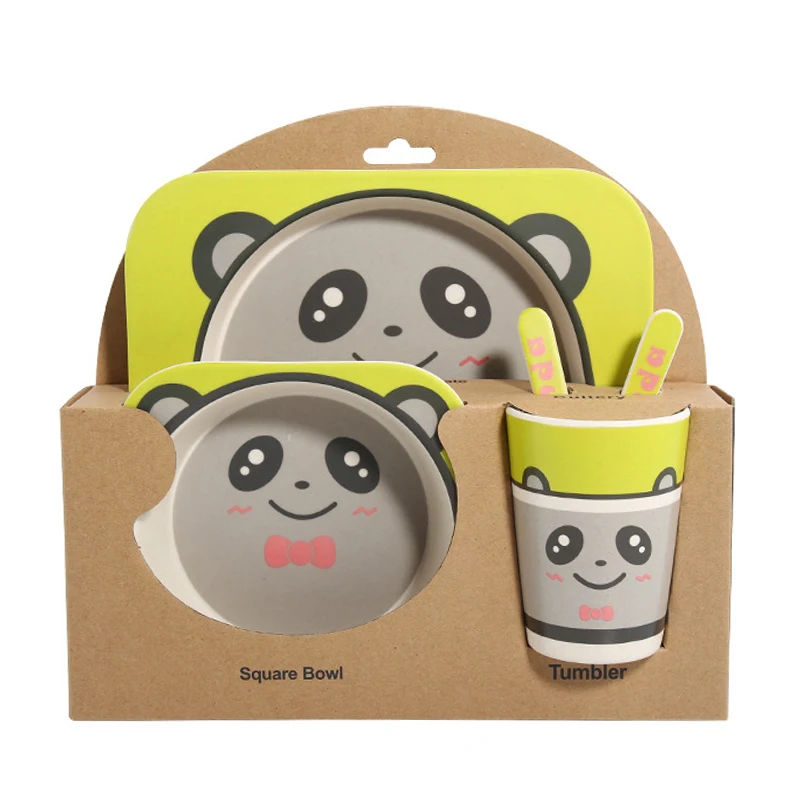Panda 5 шт./компл. Детские тарелка посуда с изображением мультипликационных персонажей для детей, посуда для кормления c изображением животных, из детская натурального бамбукового волокна посуда с чаша Вилка чашка Ложка пластина - Цвет: Panda