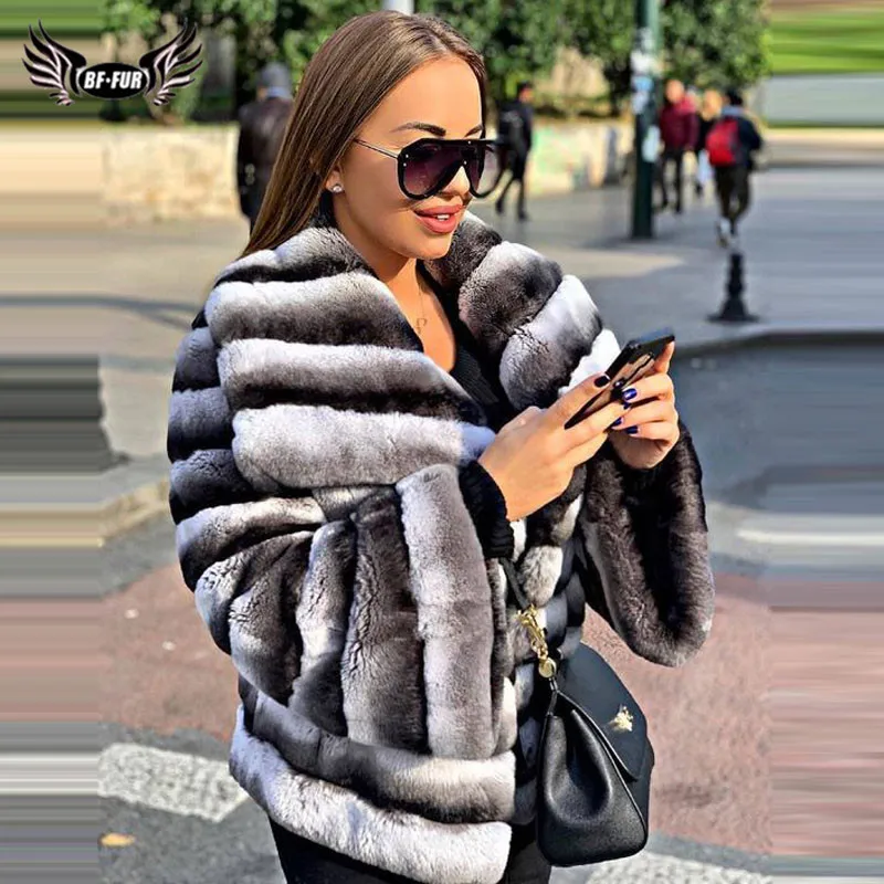 BFFUR Winter Fur Coats Women Natural Full Pelt Real Chinchilla Color Rex Rabbit Fur Jacket With Big Lapel Collar Warm Overcoats