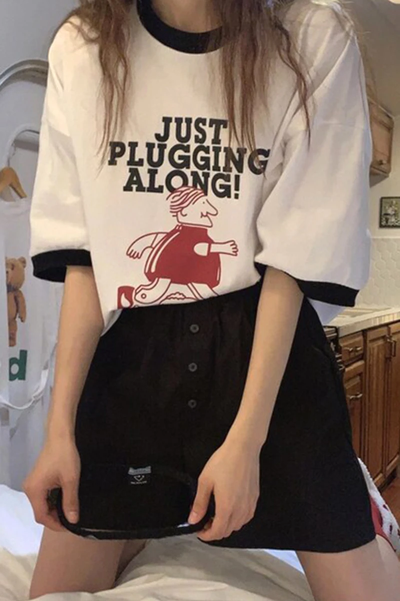 

2021 summer wild hit color round neck cartoon print loose basic short-sleeved bottoming shirt T-shirt top women