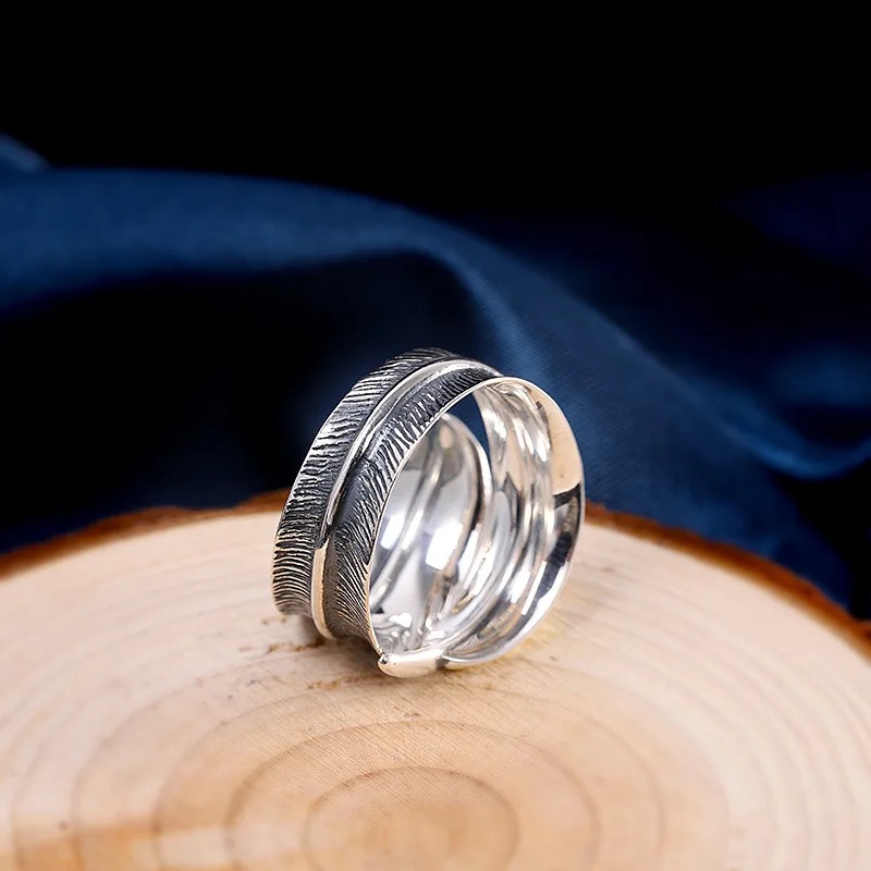 

Character Silver Pin Taiyin Seiko S925 silver jewelry antique antique men and Women General Feather Ring Opening