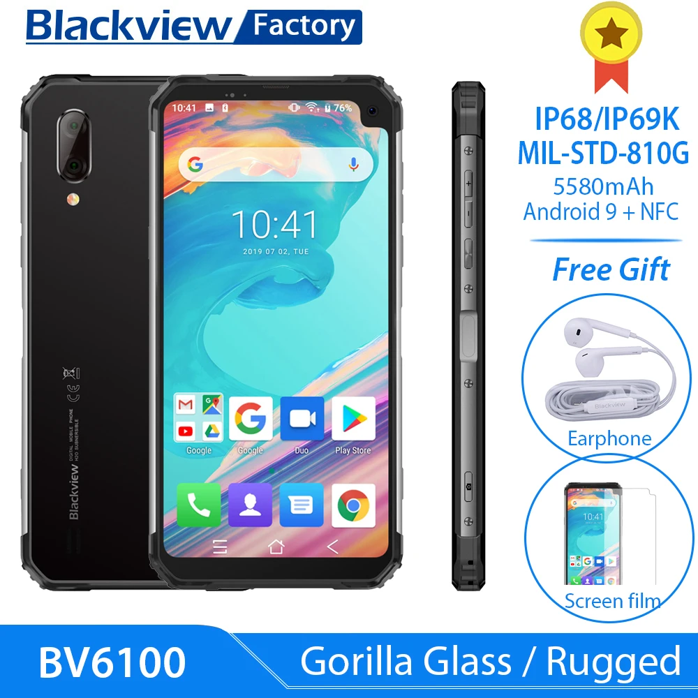 Blackview BV6100 6,8" Горилла экран Прочный смартфон 3 ГБ+ 16 ГБ Android 9,0 IP68 водонепроницаемый мобильный телефон 5580 мАч NFC мобильный телефон