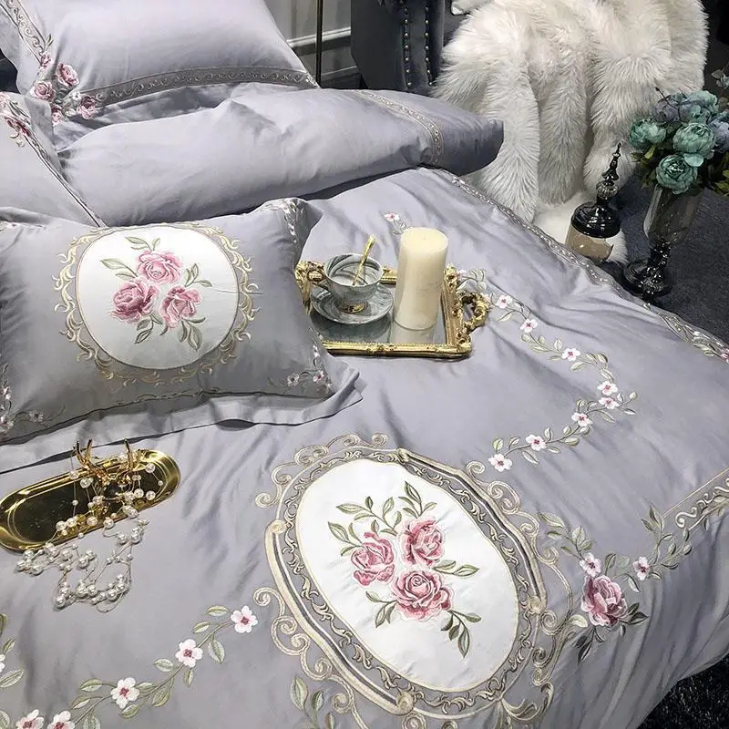 

Premium Embroidery Floral Egyptian Cotton Duvet cover set Bed sheet Grey Retro Europe Pattern Bedding Set King Queen size 4/7Pc