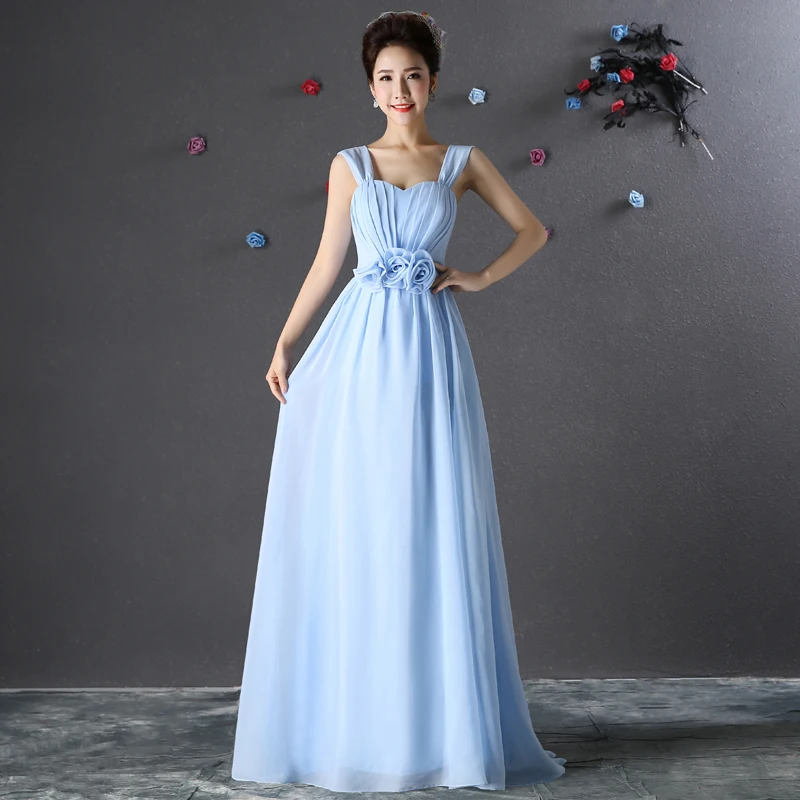 Синее длинное шифоновое платье для подружки невесты элегантное праздничное