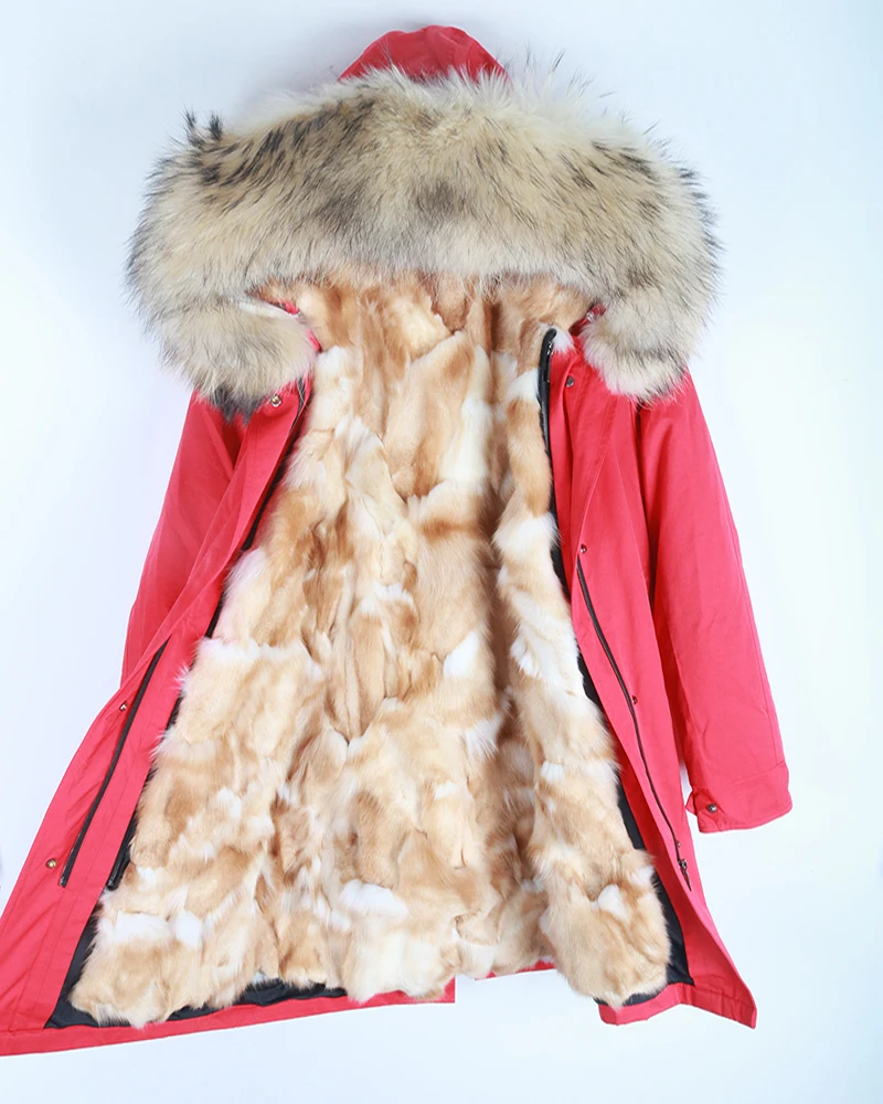 red fox fur Новая зимняя куртка женская красная лиса леопардовая кроличья меховая подкладка енота меховая парка натуральный Лисий меховой воротник верхняя одежда S-7XL - Цвет: red fox fur