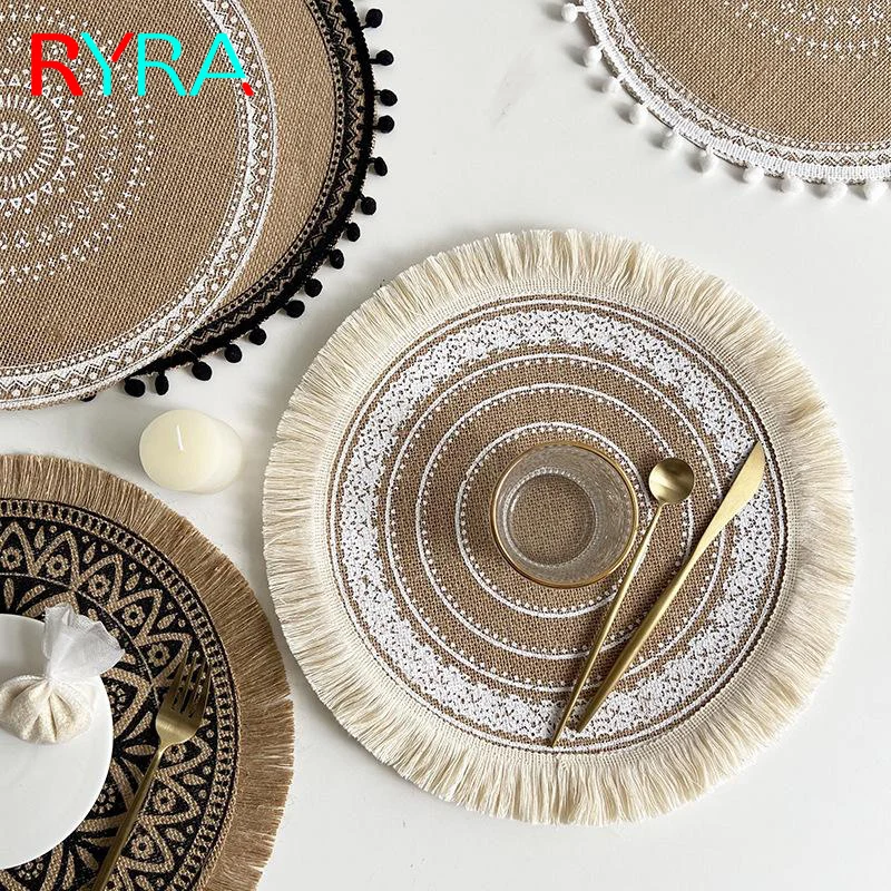 

38cm Bohemian Flower Table Mat Cotton Woven Linen Placemat Round Insulation Dining Non-slip Tassels Delicate Kitchen Decoration