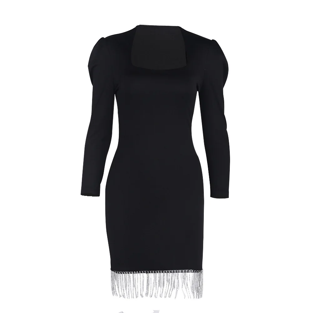 Women Sexy Streetwear Rhinestones Tassel Skirts Black Fashion Design Sense Banquet Evening Dress Square Collar Long Sleeve | Женская