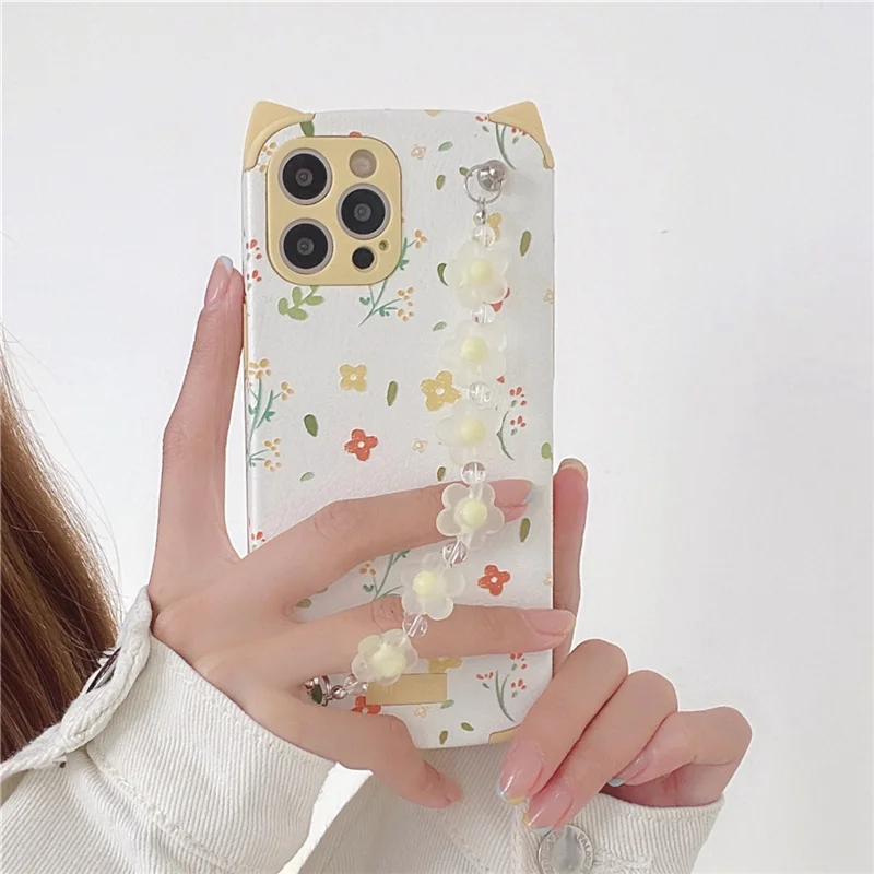

3D Cute Cat Ears Flower Matte Bracelet Phone Case for iPhone 11 12 Pro Max Mini X XR XS Max 7 8 Plus SE Chain Soft Back Cover