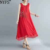 nyfs 2021 new summer dress vintage embroidered nylon long dress sleeveless large size loose woman dresses vestidos robe elbise
