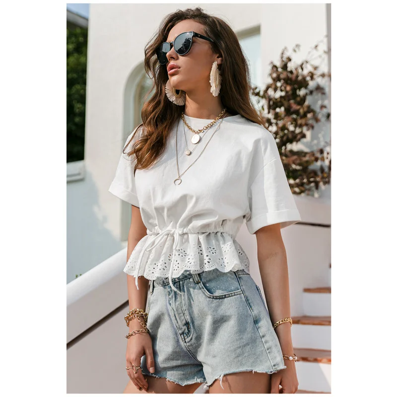 

Women T-shirts 2021 Summer Short Sleeve Ruffled O-neck Drawstring Waistband Top Women Elegant Holiday White Cotton T-shirt Women