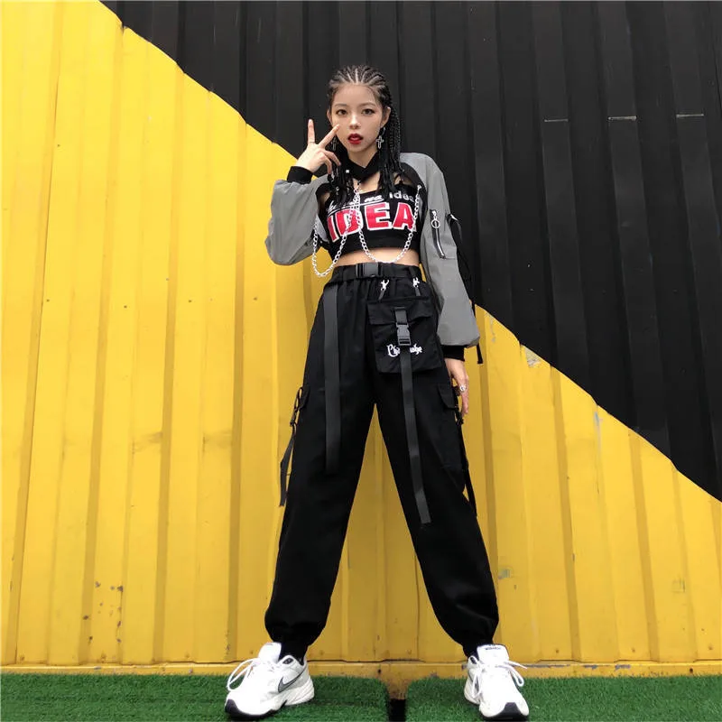 Модные осенние черные брюки женские свободные в стиле хип хоп комбинезоны с