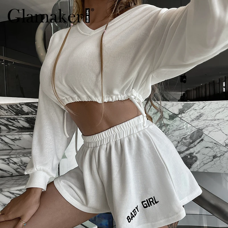 

Спортивный костюм Glamaker Женский, белый костюм с шортами, укороченный топ с V-образным вырезом и свободные шорты, Повседневная модная спортивн...
