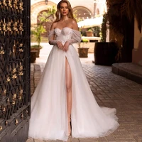 sexy wedding dress lace long sleeve boho bridal dresses 2021 split side beach wedding gowns off shoulder vestido de noiva prince