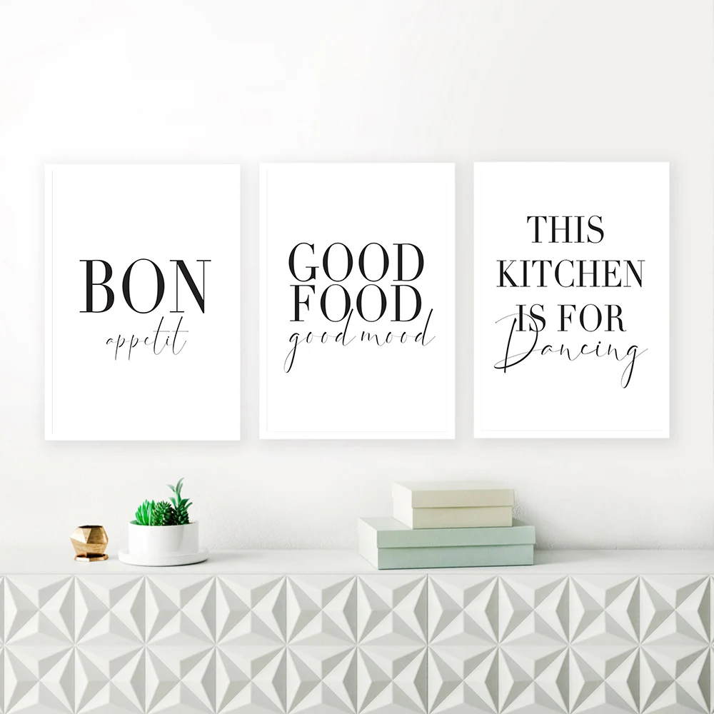 

Minimalist Good Food Good Mood Bon Appetit Quotes Canvas Painting Black White Wall Art Poster Print Pictures Kitchen Home Decor