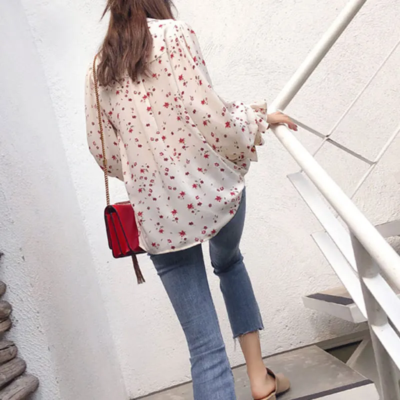 2020 High Collar Blouse Fashion Ladies Floral Long Sleeve Casual Shirt Top Loose Sleeve Printed Neck Blouse Shirt Top