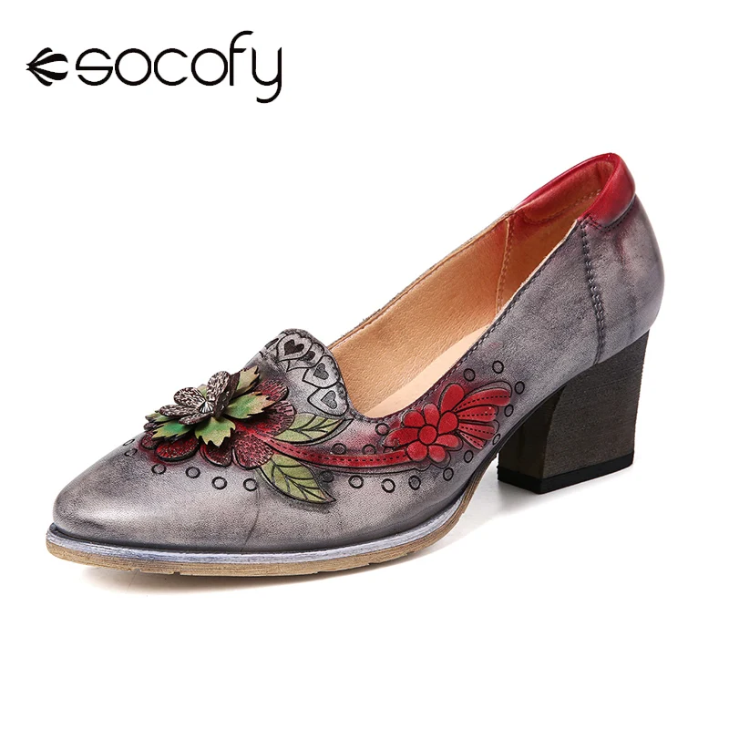 SOCOFY Retro Leather Splicing Floral Highlight Small Flower Leather Slip On Loafers Women Shoes High Heel Botas Mujer 2020