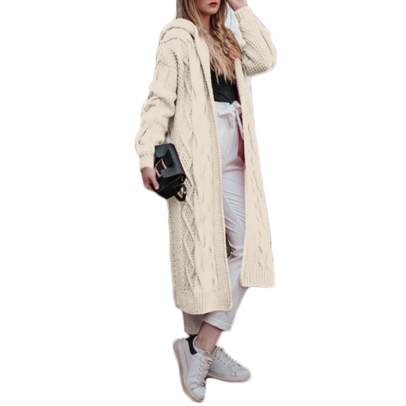 Женский осенний кардиган с капюшоном открытый передний вязаный свитер узором в