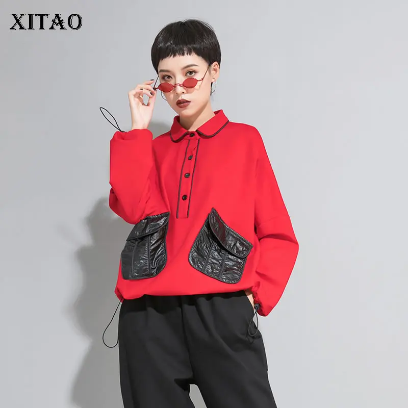 XITAO тонкая женская футболка одежда 2019 отложной воротник Карманный пэчворк