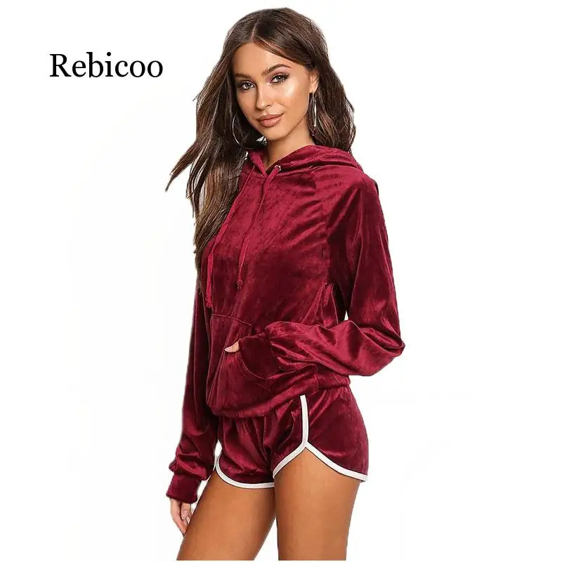 

Velvet Women's Sets Women Hoodies Shorts 2 Pieces 2019New Autumn Winter Long Sleeve Slim Pockets Hooded Tracksuit Sweatshirt