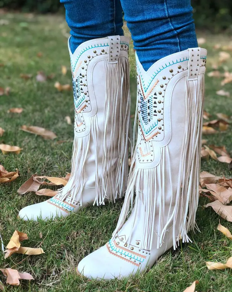 

Богемные гладиаторы для женщин мотоботы на низком каблуке до середины икры ковбойские сапоги с бахромой обувь сезон весна-осень женские са...