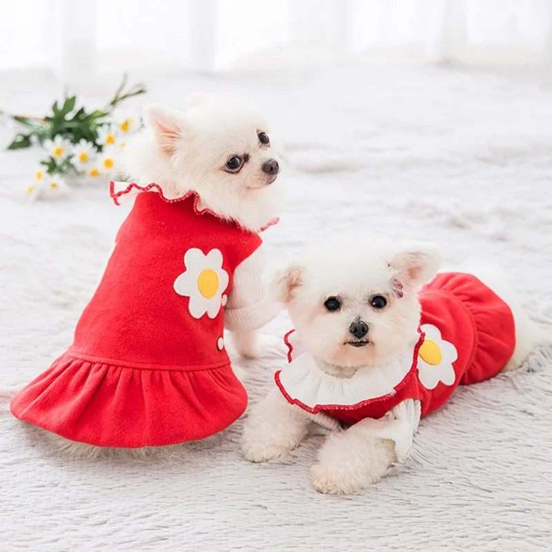 

2Pcs Ruffled Lapel Red Dog Dress Pet Warm Woolen Skirt For Small Dogs Winter Clothes Chihuahua Puppy Cat Girl Costume Yorkies