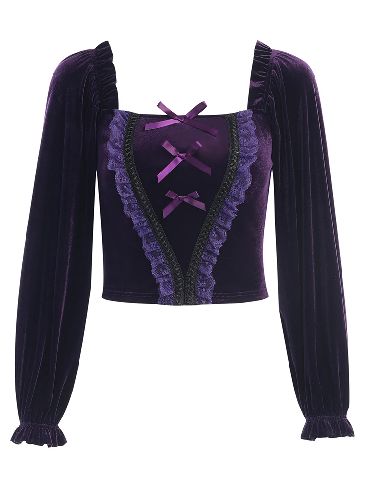 InsGoth Vintage Purple Velvet Bow T-Shirt Goth Aesthetic Punk Lace Trim Long Sleeve Cropped Tops Elegant Women Autumn Winter Tee | Женская
