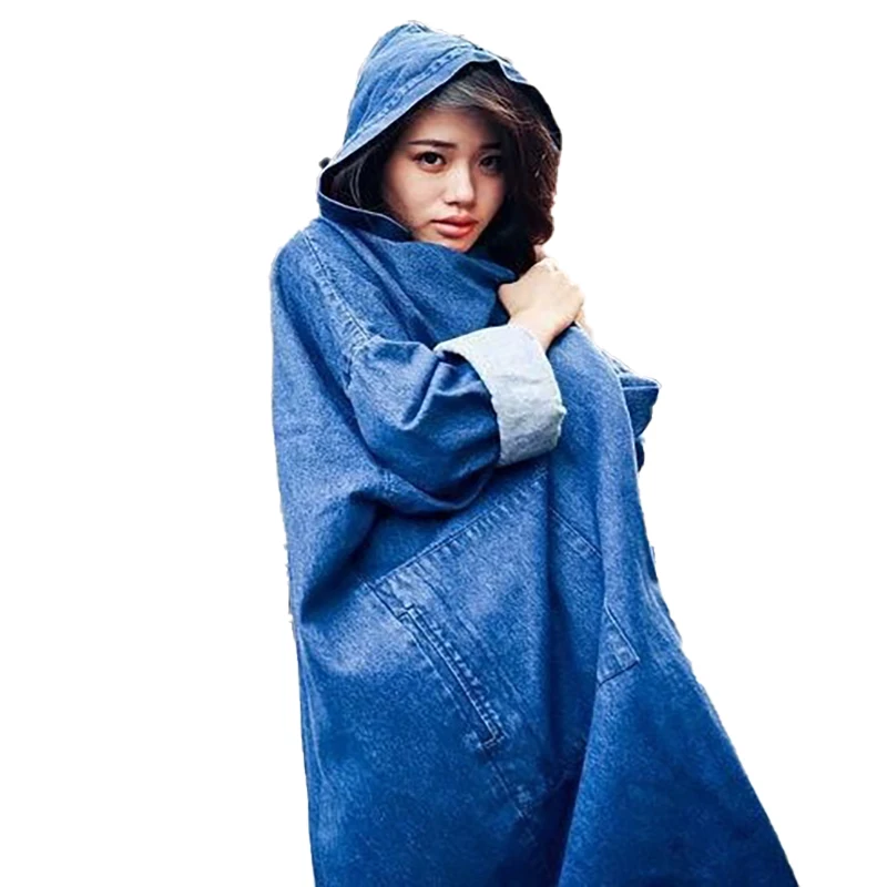 

Autumn 2020 New Women's Casual Loose Knee Length Overcoat Oversize Hooded Denim Windbreaker Shirt