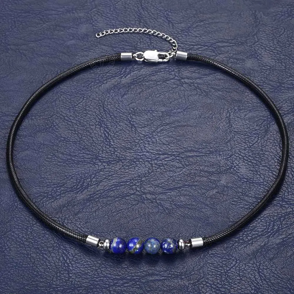 Trendsmax 8mm Natural Tiger Eye Stone Bead Necklace Charm Black Leather Cord Choker for Men Women Jewelry Gift DN125 | Украшения и