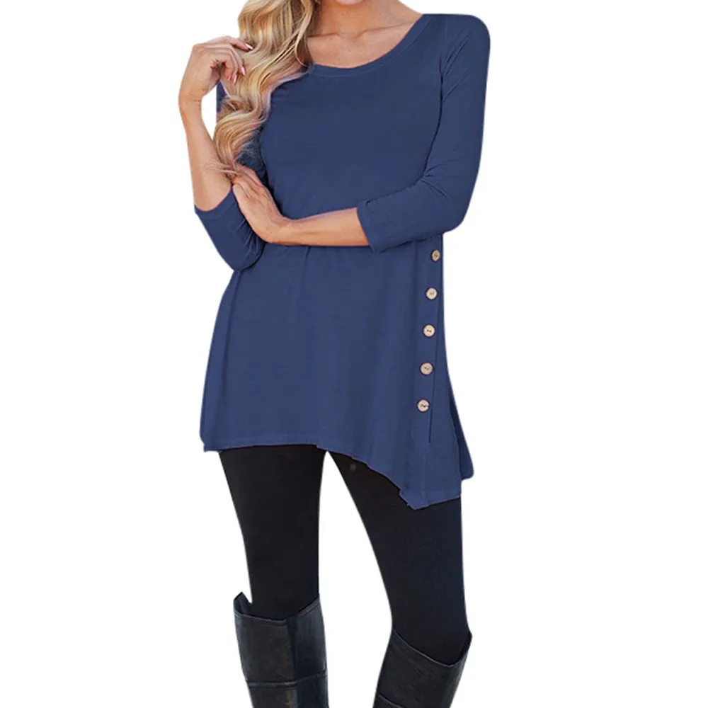 Dark Blue Женская свободная футболка с длинным рукавом на пуговицах, модная однотонная женская туника с круглым вырезом, осенняя Весенняя хлопковая Летняя Повседневная футболка - Цвет: Dark Blue