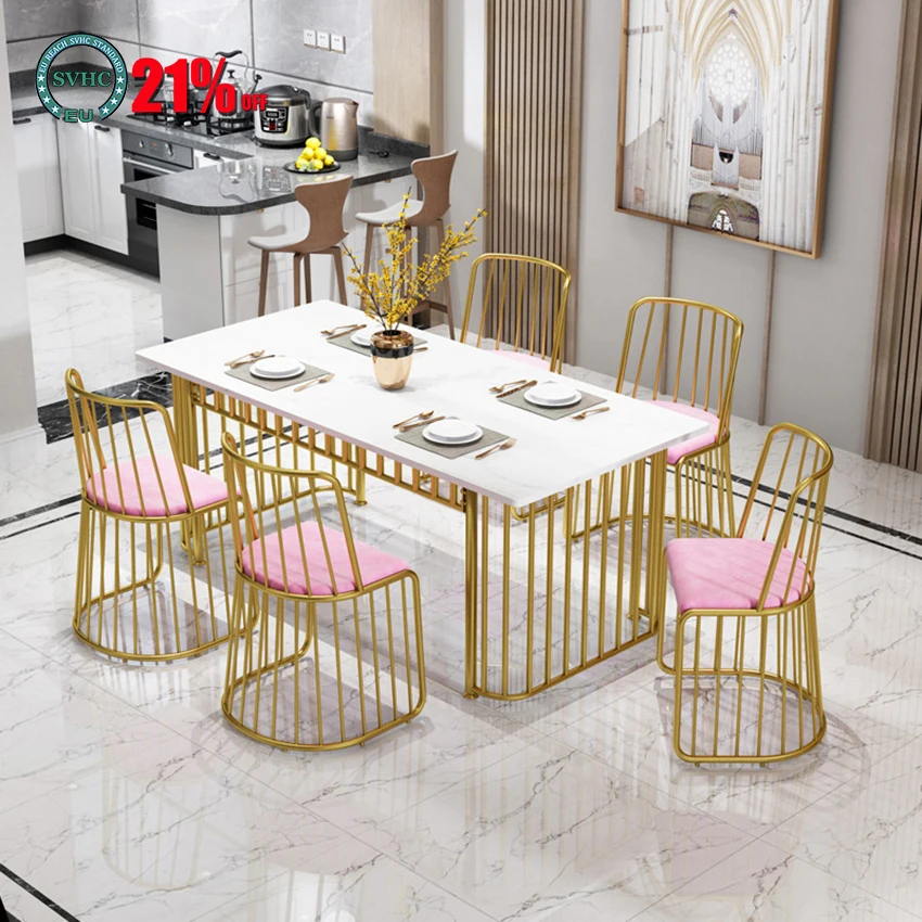 

Nordic Light Luxury Marble Dining Table Modern Simple Rectangular Dining Table 4/6 People Household Apartment Wrought Iron Table