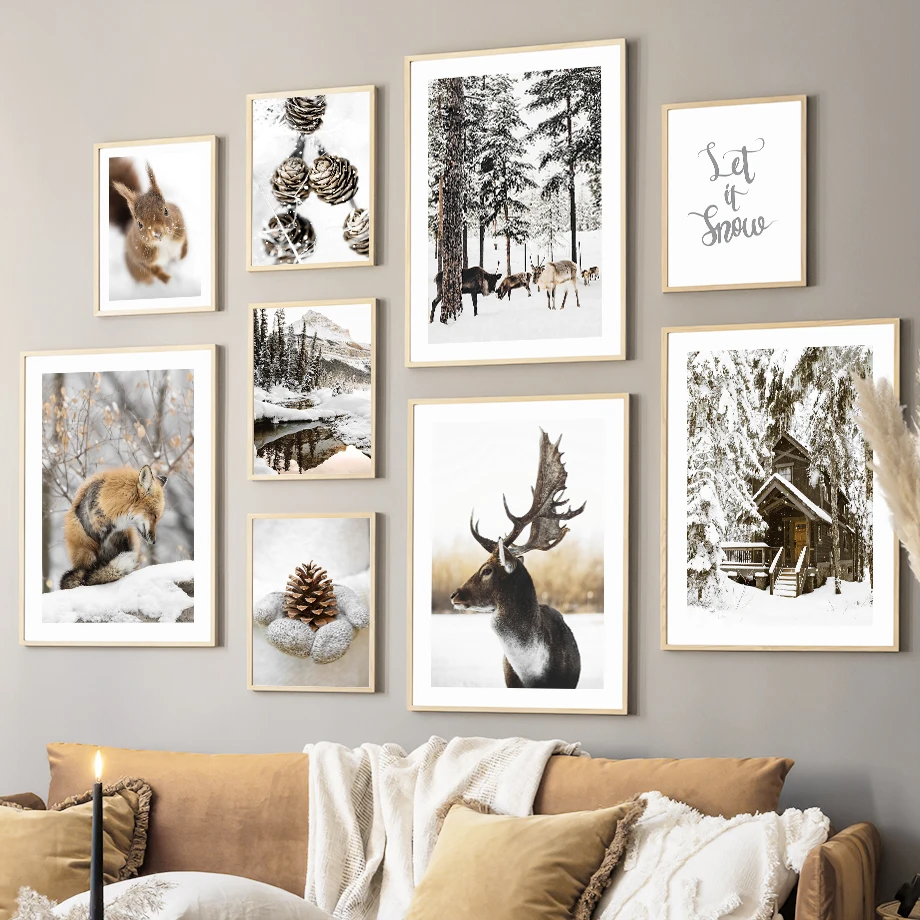 

House Snow Mountain Deer Elk Squirrel Pine Nuts Wall Art Canvas Painting Nordic Posters And Prints Wall Pictures For Living Room